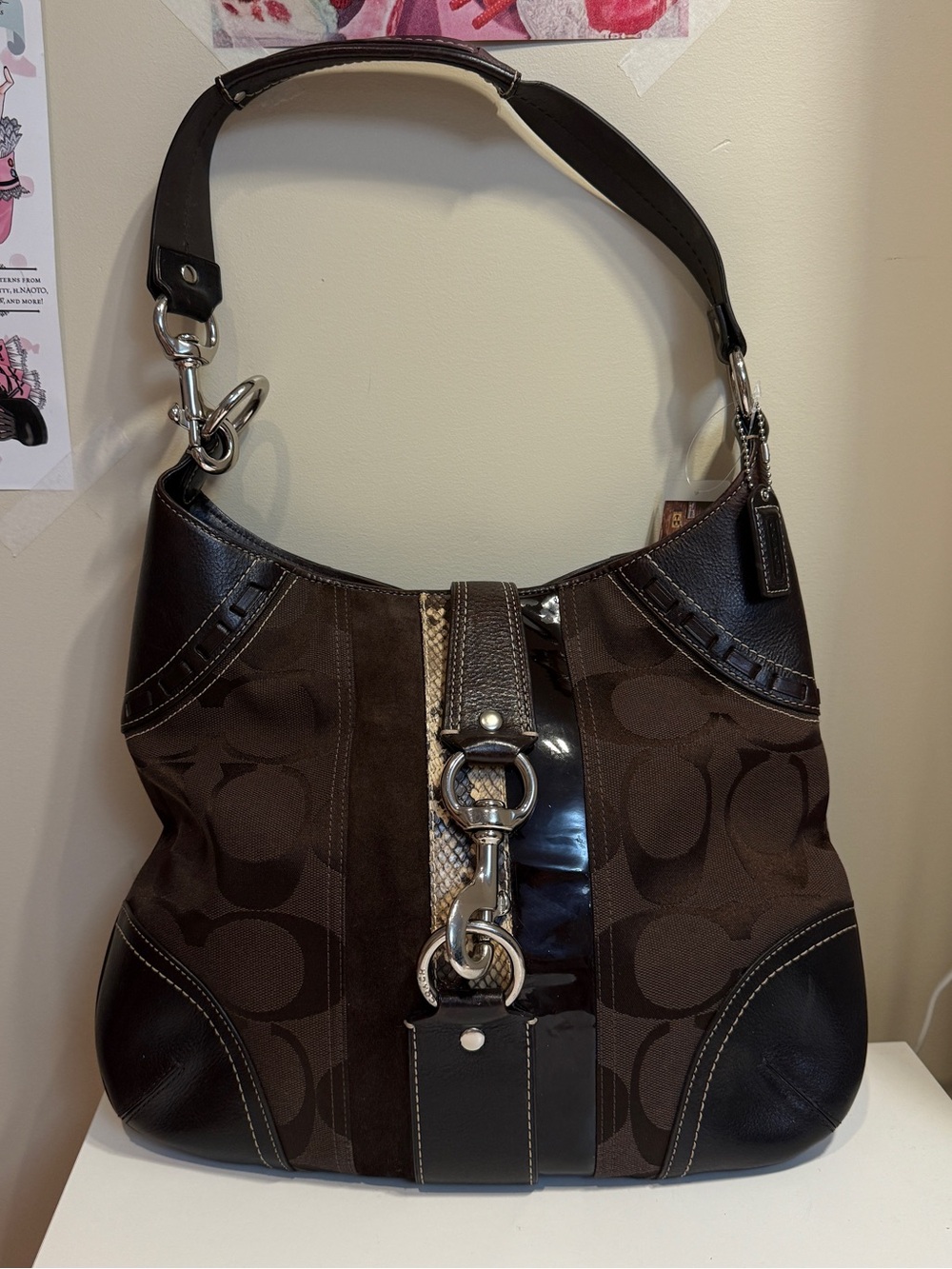 Coach Chelsea Signature Canvas and Leather Hobo Bag in Dark Brown